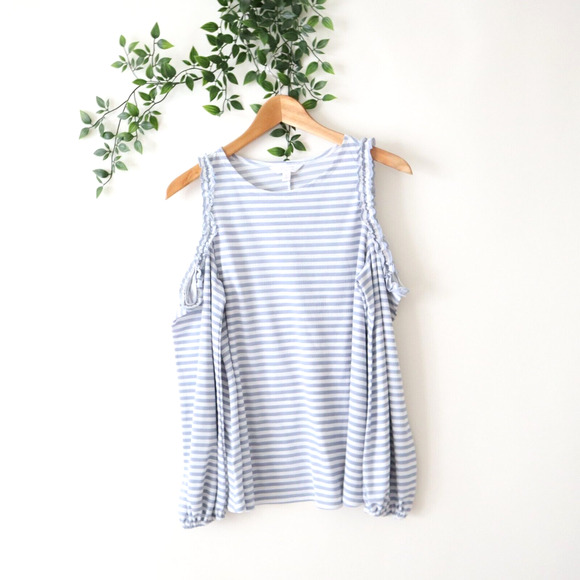 LC Lauren Conrad Blue & White Striped Long Sleeve Cold Shoulder Top S Small - Picture 1 of 4